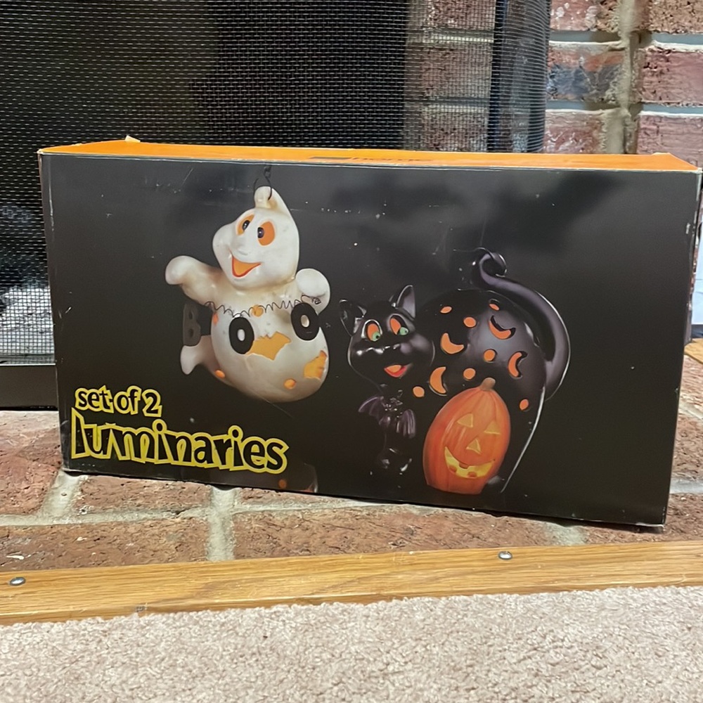 JCPenny Home Collection Set of 2 Halloween Luminaries Ceramic Black Cat Ghost